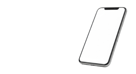 A sleek grey unbranded smartphone, blank illuminated white screen, 3/4 view, off-center, infinite white studio background, ample negative space, concept of digital innovation.