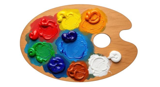 Art palette with colorful oil paint isolated on transparent background