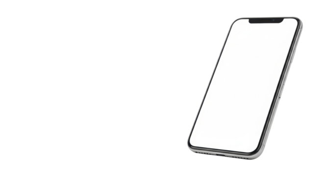 A sleek grey unbranded smartphone, blank illuminated white screen, 3/4 view, off-center, infinite white studio background, ample negative space, concept of digital innovation.