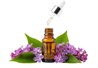 Small amber dropper bottle, essential oil, suspended drop, purple lilac flowers, green leaves, transparent, soft studio light, natural wellness and purity concept