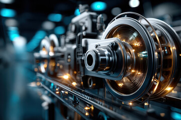 Fototapeta premium Close-up of intricate mechanical components in a modern manufacturing facility