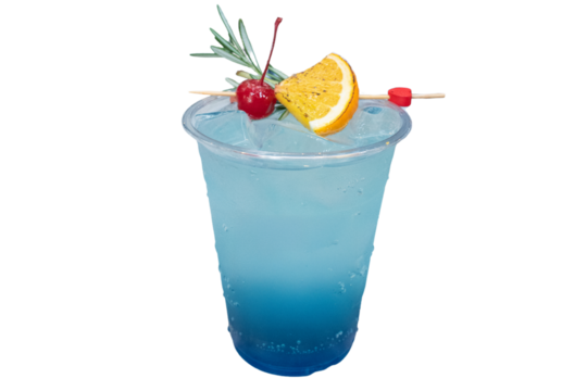 A refreshing blue drink garnished with orange slice and cherry on top