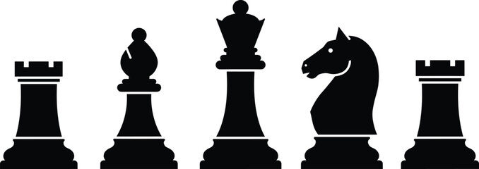 Array of classic black chess piece silhouettes including Rook, Bishop, Queen, and Knight, symbolizing strategy, intelligence, competition, and leadership in board games and business