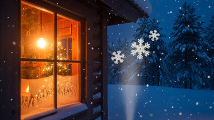 Cozy log cabin window on a snowy winter night with warm glowing light from inside, a festive christmas tree visible, and falling snowflakes among pine trees