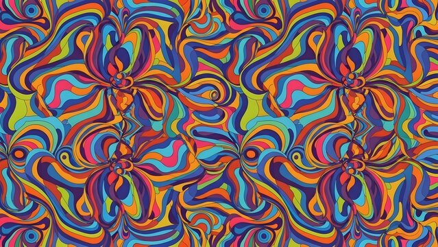 A vibrant psychedelic seamless pattern features colorful swirling lines and abstract floral shapes.