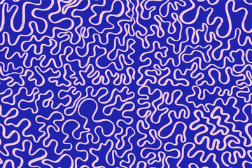 Seamless groovy pink striped pattern. Abstract Y2K geometric wavy lines with hand drawn brush texture. Continuous line background in retro style on blue background. Vector seamless brush line design.