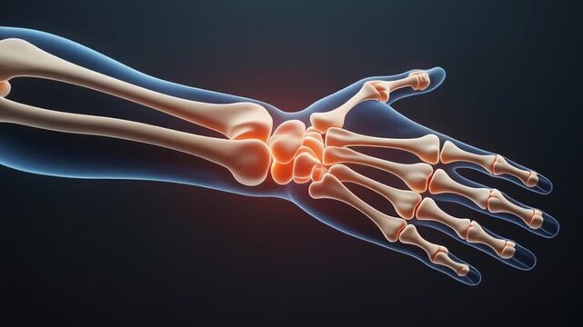 A hyper-realistic 3D animation of the wrist joint flexing and extending. Carpal bones rendered with ultra-sharp detail, gentle reflections, clean medical-grade environment, cinematic slow motion, ster