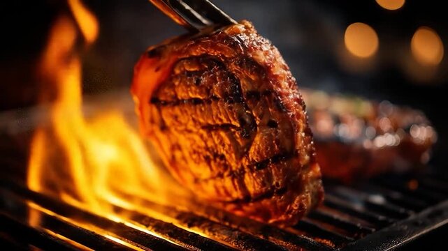 Juicy steak sizzling on a hot grill with flames licking it