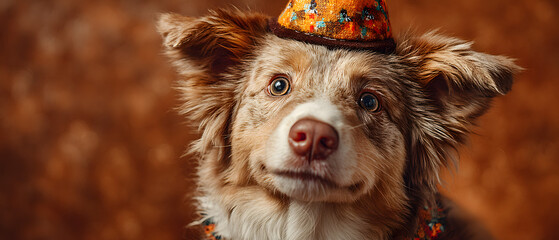 Dog wearing self made paper party hat with Thanksgiving turkey. Background for holiday card or banner. Festive canine celebrates autumn feast donning handcrafted headgear ideal backdrop