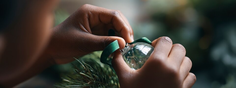 African child hands tying green ribbon on clear ornament among pine branches. Concept: craft, holiday tradition. banner 