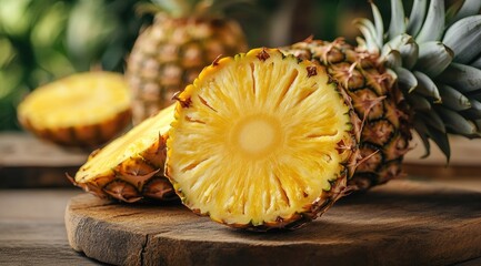Fresh pineapple slices on wooden board (10)
