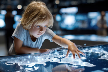 Exploring a digital map at an interactive exhibit in a modern science museum