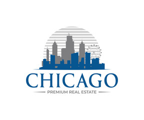 Modern real estate logo design template with chicago skyline concept