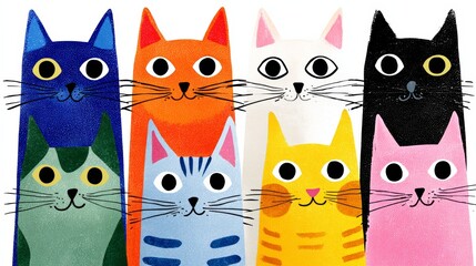 Colorful illustration of various playful cats with distinct patterns and expressions, showcasing a vibrant array of feline characters in a whimsical and artistic style, perfect for cat lovers and enth