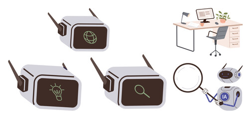 Small AI robots displaying global connection, lightbulb, and search visuals alongside an organized workspace. Ideal for technology, innovation, AI, analysis, connectivity, automation future concept