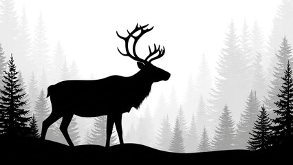 Silhouette of a majestic deer with large antlers standing in a serene, misty pine forest at dawn, creating a tranquil wilderness scene.