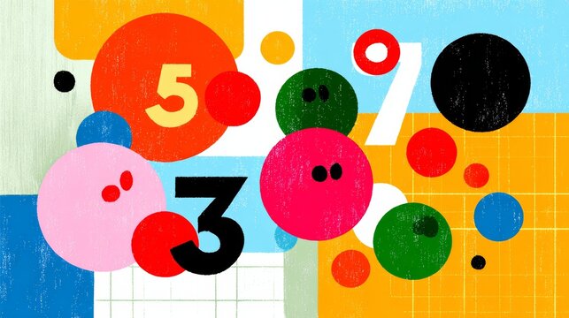 Colorful abstract illustration featuring vibrant circles and geometric shapes, with bold numbers integrated into the design, creating a playful and dynamic visual experience for creative projects - Powered by Adobe