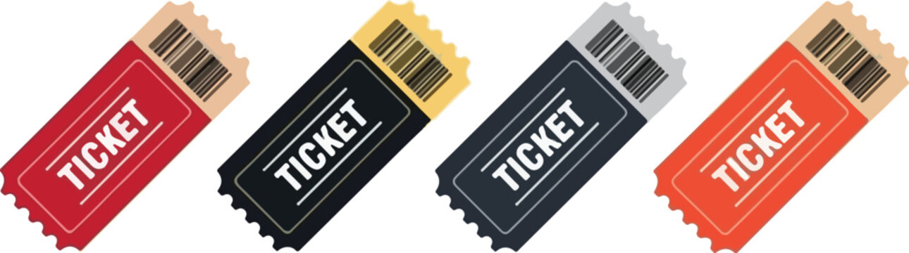 Four colorful tickets isolated on, representing admission, event entry, or raffle participation, with a barcode for verification
