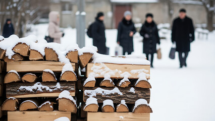 Group of people walking in snow near stacked firewood in winter  