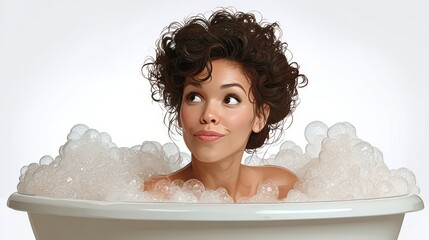 Young woman with curly hair relaxing in a bathtub filled with bubbles, showcasing a serene expression, surrounded by a calming atmosphere, representing self-care and relaxation