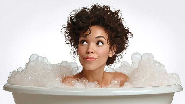 Young woman with curly hair relaxing in a bathtub filled with bubbles, showcasing a serene expression, surrounded by a calming atmosphere, representing self-care and relaxation - Powered by Adobe