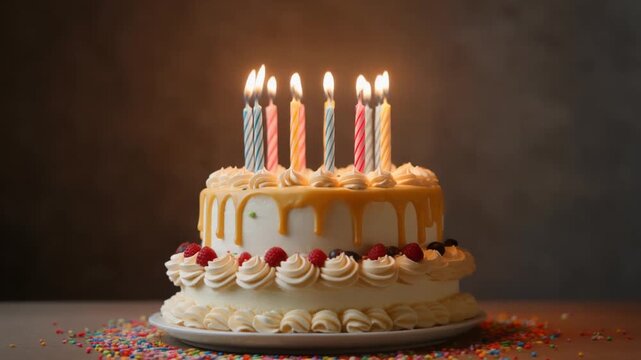 Decorated birthday or anniversary cake. Festive video for party or celebration