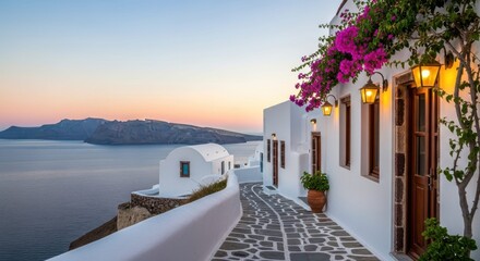 Santorini Serenity: A picturesque scene of Santorini, Greece, unveils a charming alleyway adorned with whitewashed buildings, blooming flowers, and inviting street lamps.