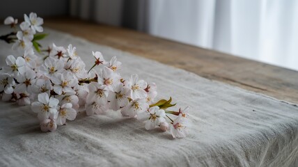 Delicate white cherry blossoms on a branch resting on a textured linen tablecloth sakura white flowers