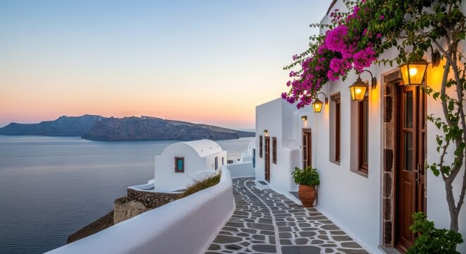 Santorini Serenity: A picturesque scene of Santorini, Greece, unveils a charming alleyway adorned with whitewashed buildings, blooming flowers, and inviting street lamps.