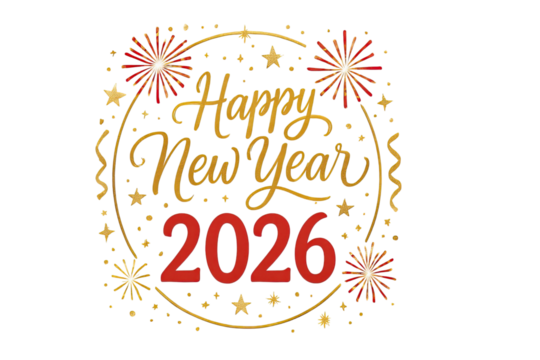 Festive Happy New Year 2026 illustration with decorative gold lettering, fireworks, stars, and celebratory accents for seasonal greeting themes on white background