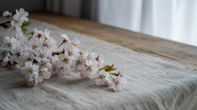 Delicate white cherry blossoms on a branch resting on a textured linen tablecloth sakura white flowers