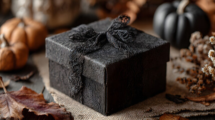 creative halloween mystery gift box trick or treat surprise on the table. An enchanting autumnal enigma awaits within a spooky package a delightful confection of mystery for a festive