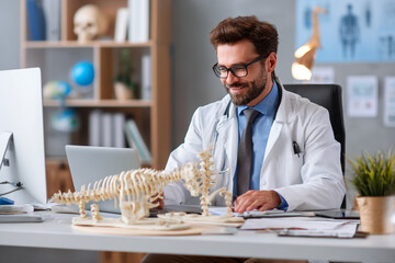 Professional male physician consulting his laptop, showcasing modern healthcare and medical expertise in a bright, well-organized clinic setting.