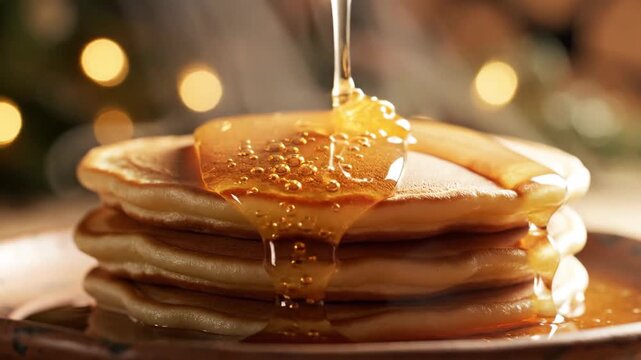 Golden Syrup Drizzling Over Fluffy Pancakes, A Delicious and Appetizing Breakfast