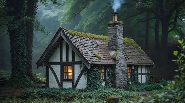 Enchanting storybook cottage nestled in a misty, overgrown forest with smoke rising from chimney house