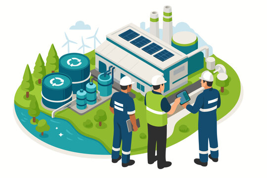 Dynamic isometric illustration of a modern eco friendly factory with solar panels and wind turbines showcasing sustainable engineering