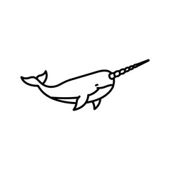 A cute narwhal with a horn swimming in the ocean isolated on, a simple line drawing © Freelancer Orchi