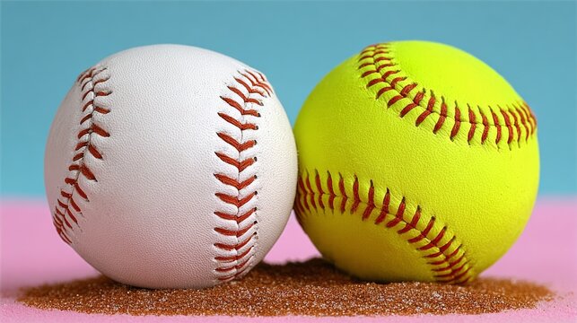 Close-up view of a white baseball and a bright yellow softball resting on a sandy surface, showcasing the distinct textures and stitching details of each ball in a vibrant setting
