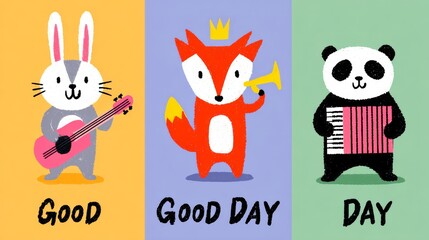 Obraz premium Colorful illustration featuring a rabbit playing guitar, a fox with a trumpet, and a panda playing accordion, celebrating a joyful day with vibrant backgrounds and playful expressions