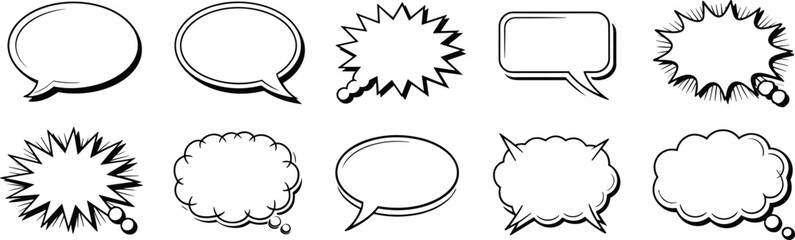 Set of comic speech and thought bubbles, in various retro pop art styles with explosion and cloud shapes, for cartoon, chat, dialogue, and message design,