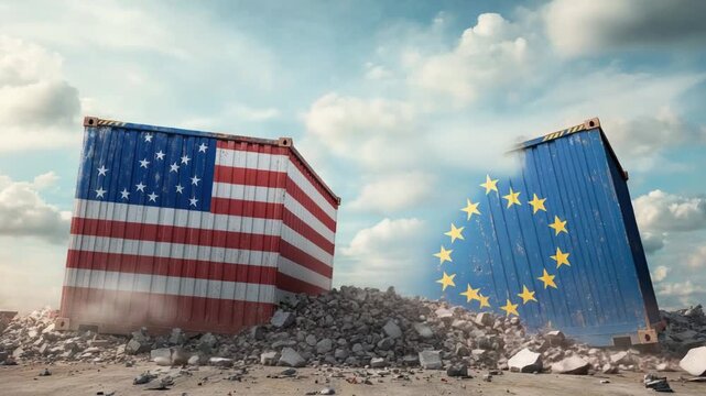 Video Shipping containers with American and European flags, suitable for international trade or business themes
