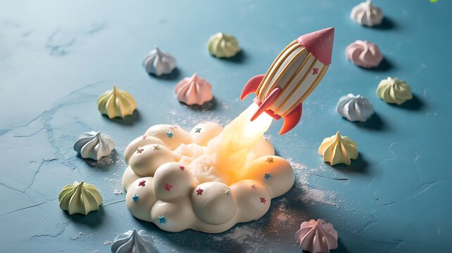 Rocket ship cake with meringue clouds and star sprinkles on a blue textured surface dessert sweet