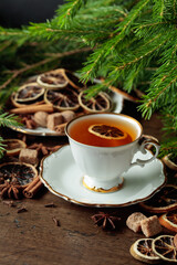 Christmas tea with spices and dried citrus slices.