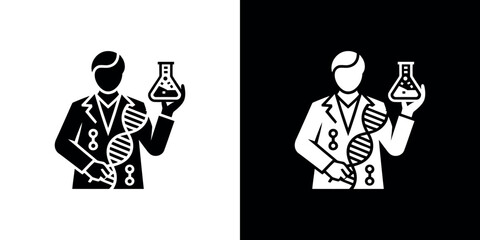 Scientist holding flask with DNA. Editable Stroke on transparent background