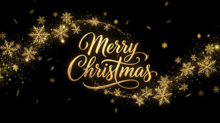 Elegant golden Merry Christmas text with a sparkling snowflake particle trail