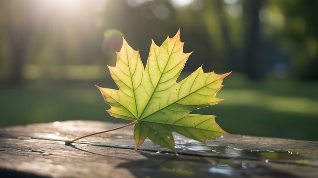 Sunlit maple leaf with water droplets on a wet wooden surface autumn fall
