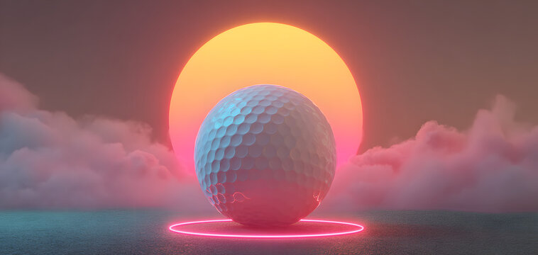 A vibrant, stylized golf ball illuminated by neon lights, set against a dramatic sunset backdrop, creating a futuristic atmosphere. 3D