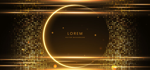 Luxury light gold square pattern on gold background with gold circles frame effect sparkle.