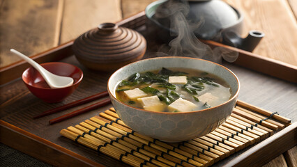 Steaming Bowl of Japanese Miso Soup with Tofu and Seaweed © mh