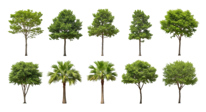 Ten diverse green trees, vibrant canopies and brown trunks, isolated in a studio on a white, shadowless background with sharp focus, negative space. Harmonious diversity, environmental balance